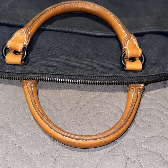 Ben Minkoff Navy Blue Waxed Canvas & Vachetta Leather Trim Laptop Bag EUC